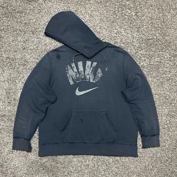 Thrashed Hoodie y2k Nike Swoosh Distressed Navy Blue Sun Faded Soft Thin Blue XL - Picture 13 of 13